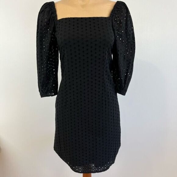 Suzy Shier Women’s XS Black Lined Square Neck Midi Dress Eyelet Puff Sleeve Cute - Picture 1 of 12